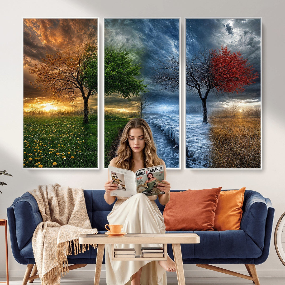 61895574-MGV-CV-24X16 - Four Seasons Tree Canvas Wall Art, Nature Landscape Canvas Print for Living Room