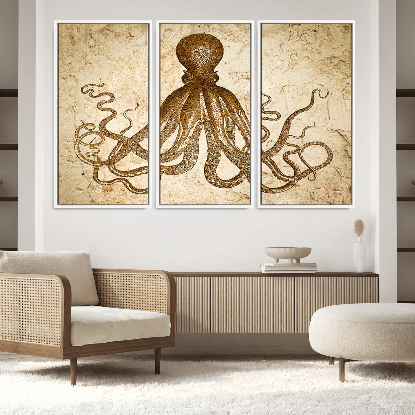 96154-MGV-FC-60X40-3P_White-Sepia Octopus Wall Art Abstract Animal Canvas Print