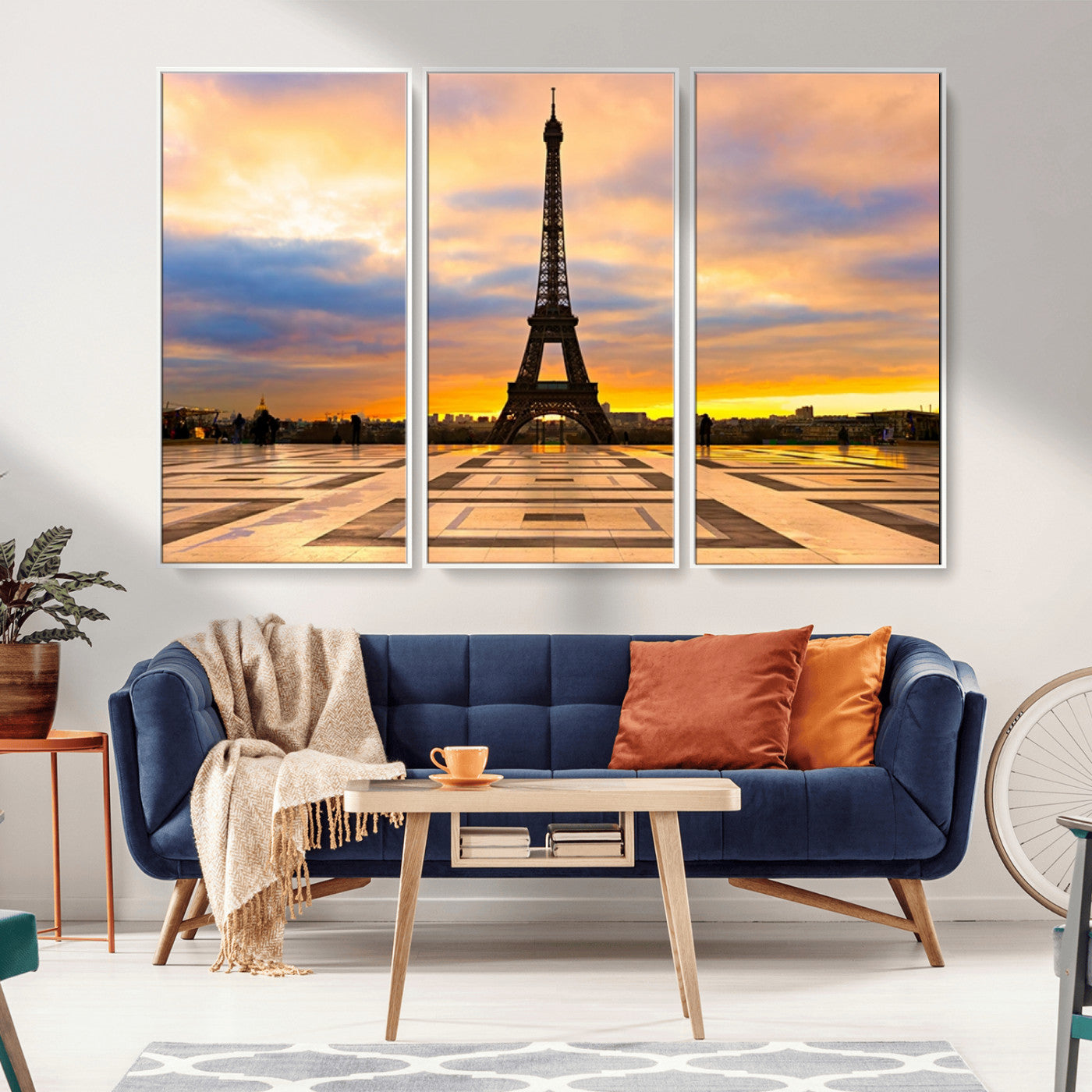 MGV-FC-48X32-3P - Paris Eiffel Tower Sunset Canvas Wall Art Print - Iconic Landmark Decor with Vibrant Colors