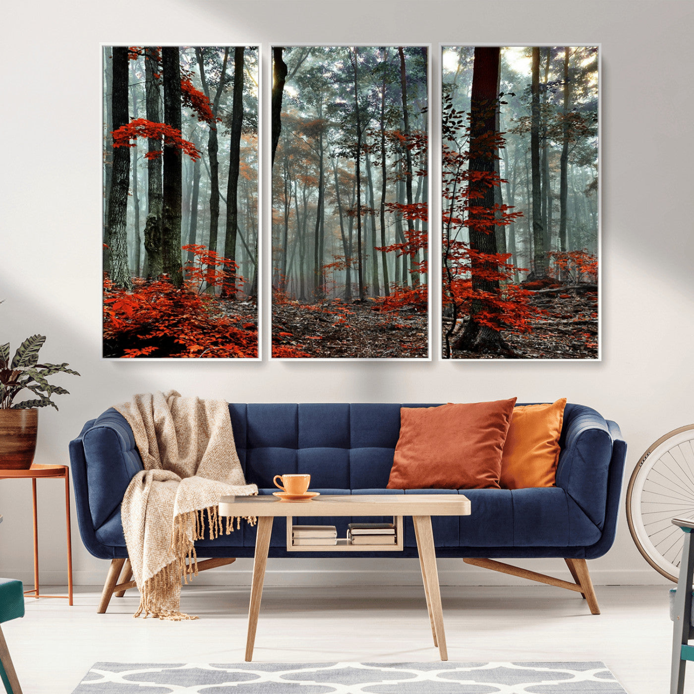 MGV-FC-48X32-3P - Autumn Forest Canvas Wall Art – Enchanting Red Leaves Triptych Print – Nature-Inspired Decor for