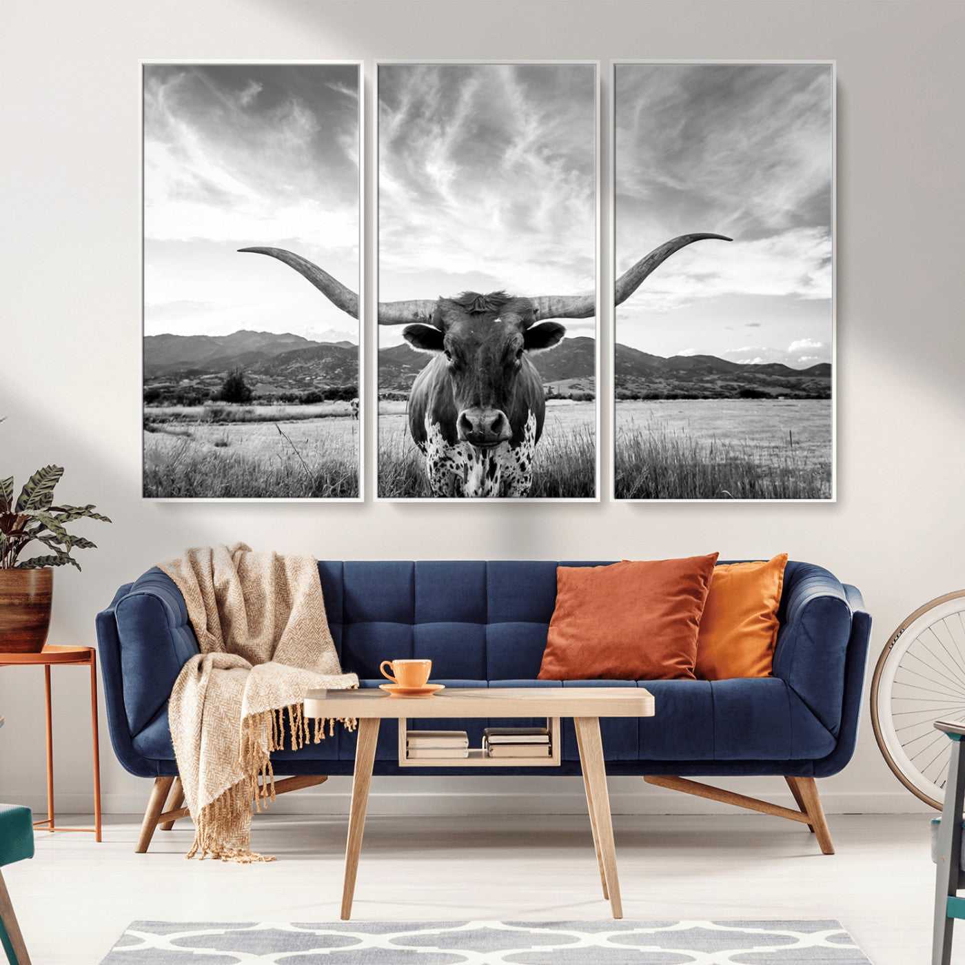 MGV-FC-48X32-3P - Longhorn Cow Wall Art Canvas Print Farmhouse Wall Art - Texas Longhorn Wall Art Print
