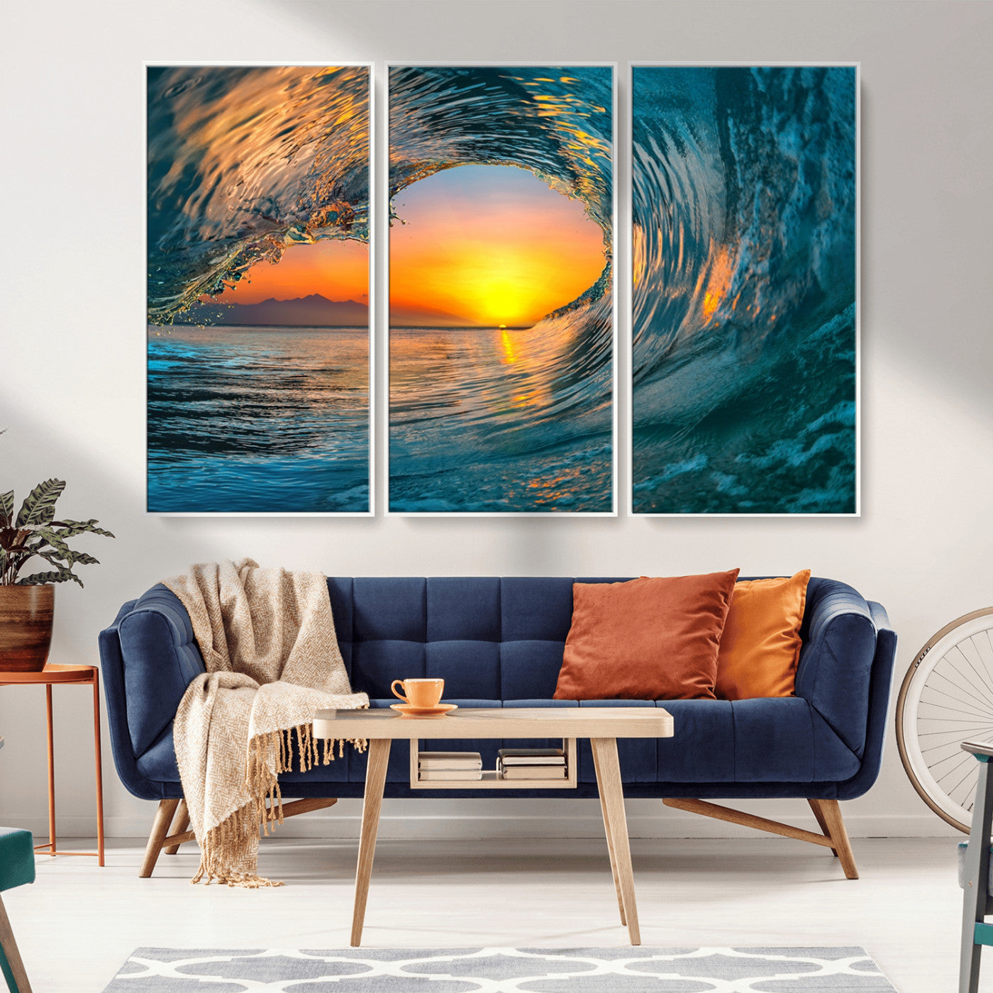 MGV-FC-48X32-3P - Ocean Wave Sunset Wall Art | Large Coastal Wave Canvas Print | 3-Panel Ocean Sunset Seascape for