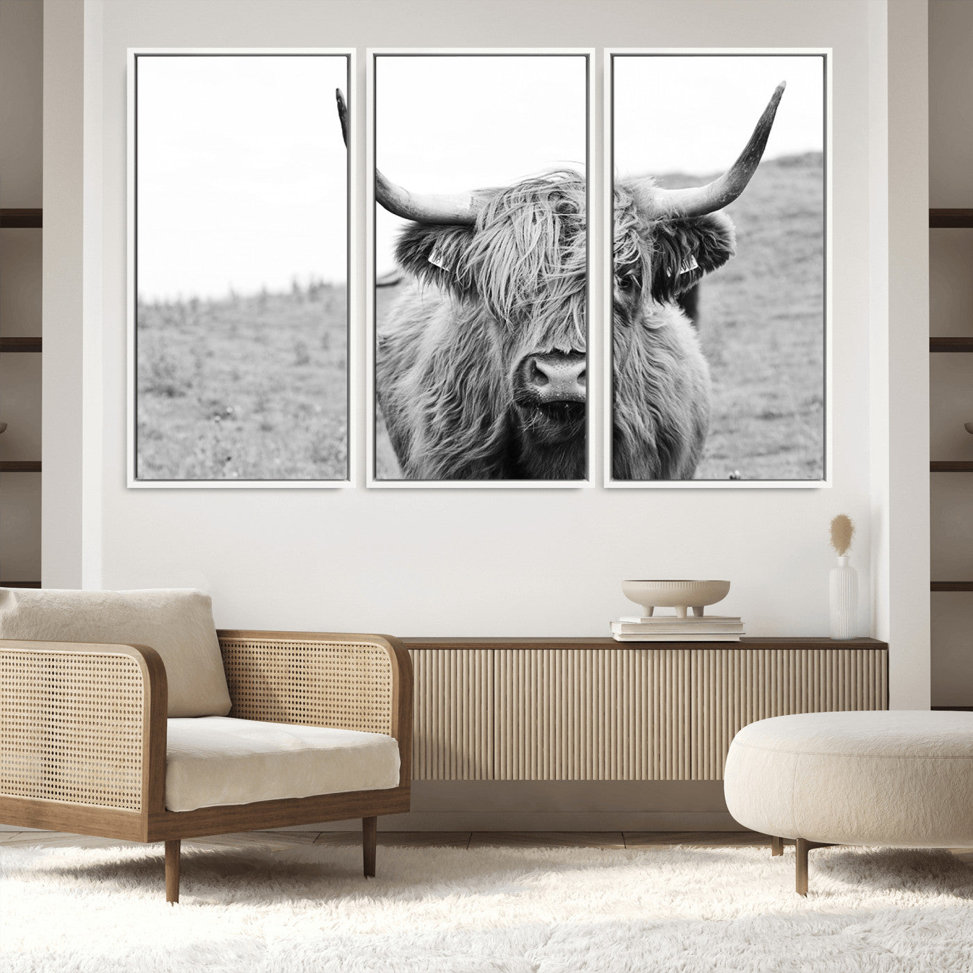 16248-MGV-FC-48X32-3P_White-Newfoundland Cow Art Wall Art, Black White Cow Art Wall Art Canvas Print