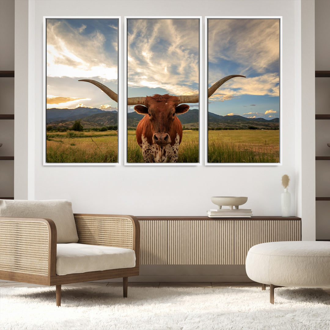 Texas Longhorn Canvas Wall Art – Majestic Triptych Animal Print – Rustic Western Decor for Living Room or Office – Ready to Hang