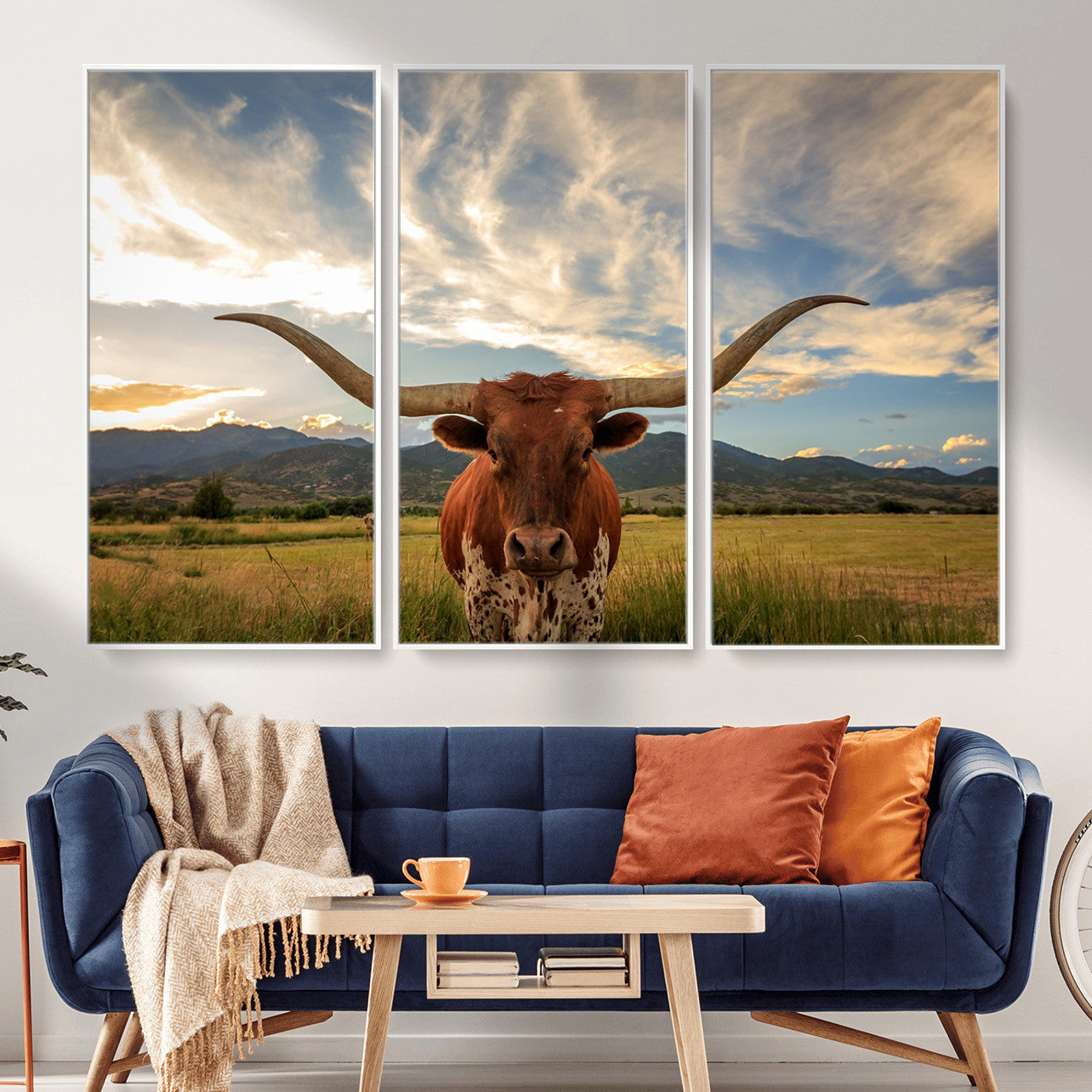 55416-MGV-CV-36X24 - Texas Longhorn Canvas Wall Art – Majestic Triptych Animal Print – Rustic Western Decor for Living Room