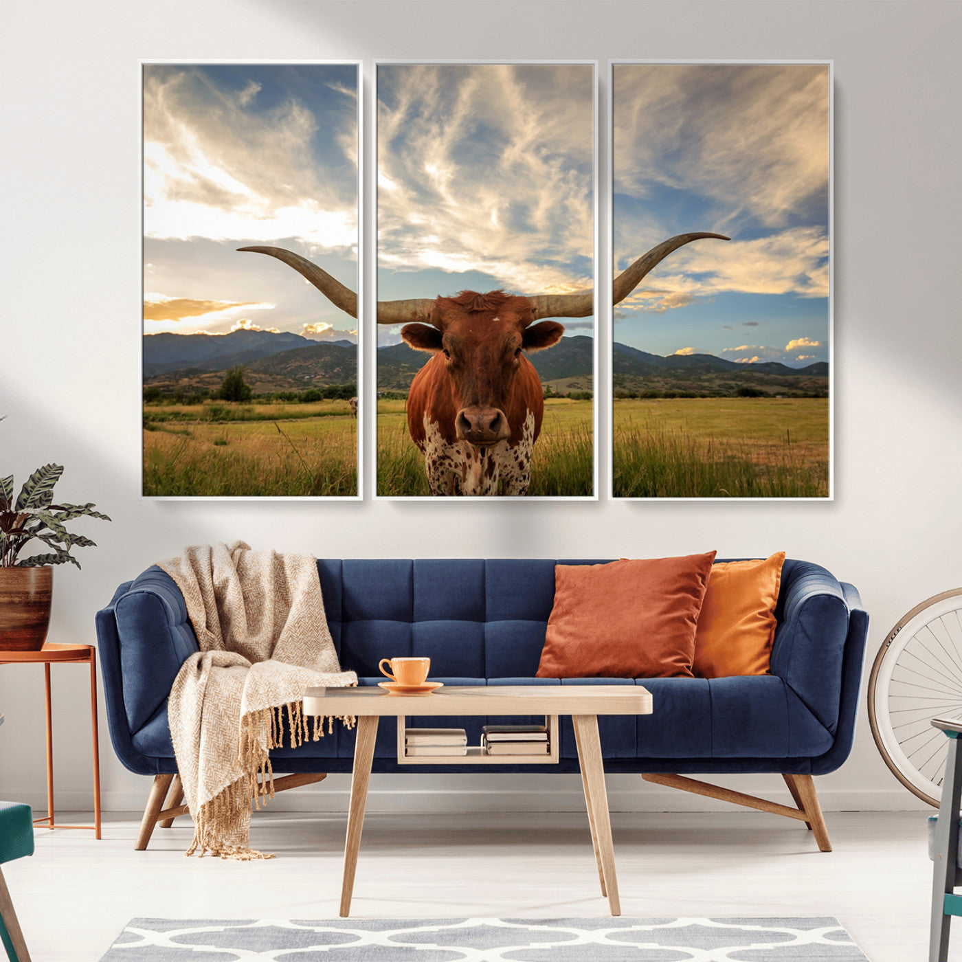MGV-FC-48X32-3P - Texas Longhorn Canvas Wall Art – Majestic Triptych Animal Print – Rustic Western Decor for Living