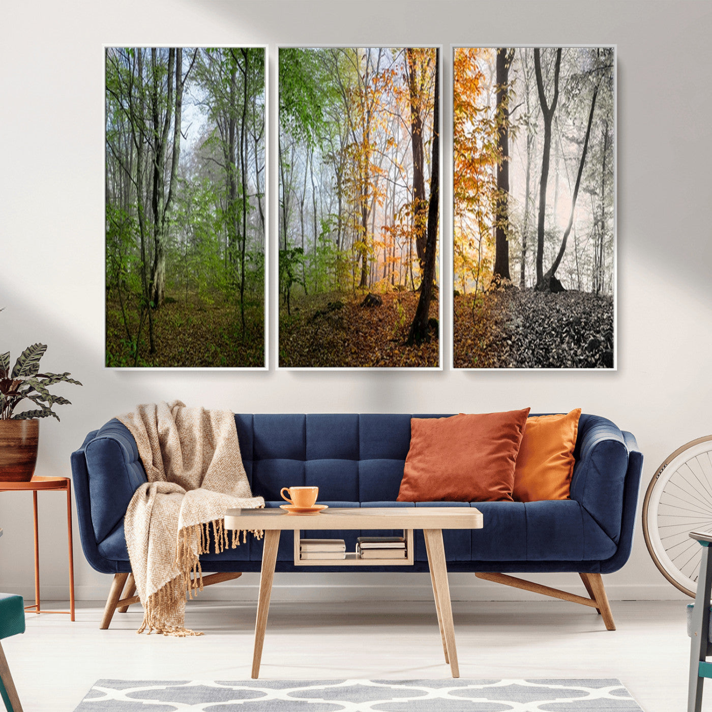 MGV-FC-48X32-3P - Four Seasons Wall Art Forest Canvas Print – Triptych Seasonal Nature Print – Landscape Decor for