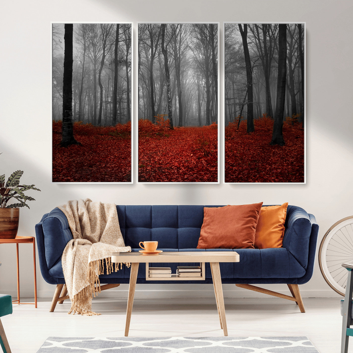 -Red Forest Floor Canvas Wall Art – Mystical Foggy Woodland Triptych – Nature-Inspired Decor for