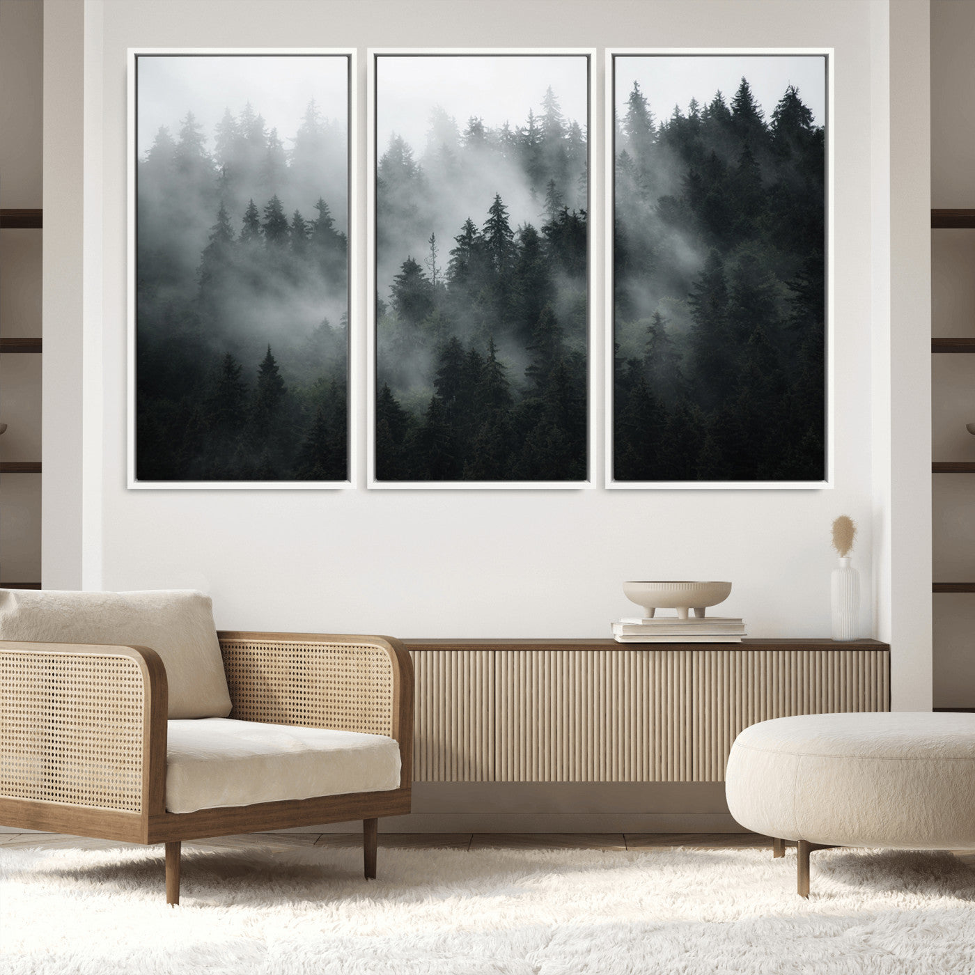 52359-MGV-FC-60X40-3P_White-Foggy Forest Wall Art Canvas Print | 3 Panel Large Misty Landscape for Dining Room, Office, or Living Room | Ready to Hang Nature Deco