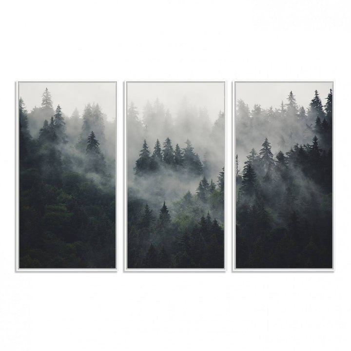 The Serene Triptych Print features tall evergreens, creating a mysterious and calming atmosphere.