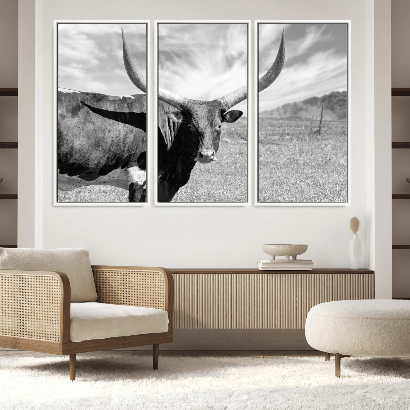30017-MGV-FC-60X40-3P_White-Cattle Wall Art Longhorn Cow Canvas Print