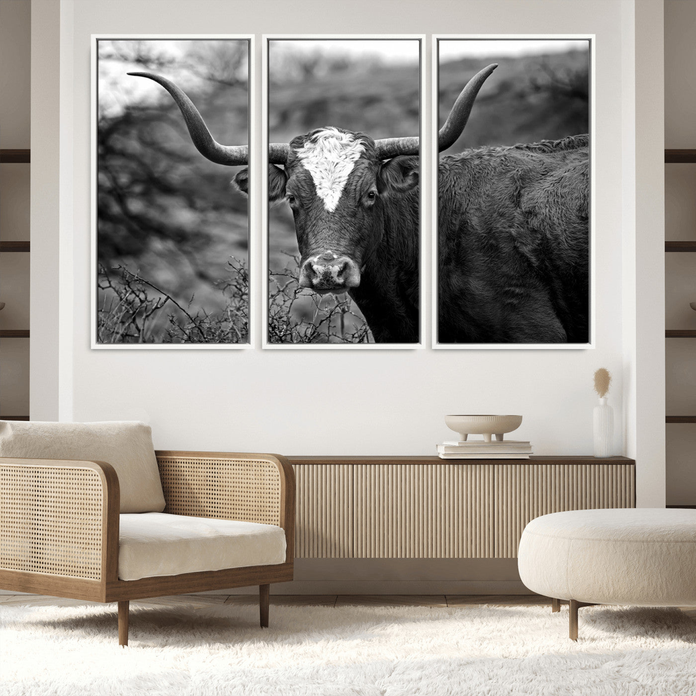 76200-MGV-FC-60X40-3P_White-Western Home Wall Art Canvas Print, Framed Texas Longhorn Art Picture Print, Rustic Cow Perfect Rustic Farmhouse Decor Artwork