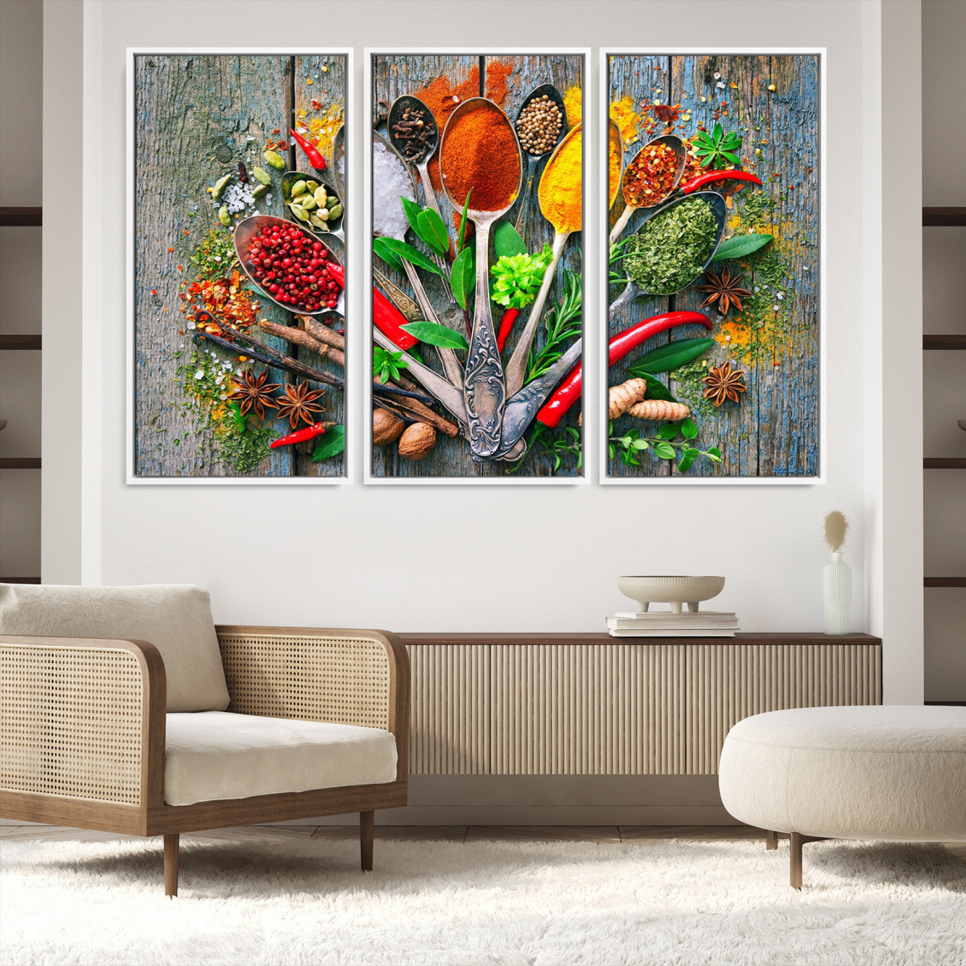 20619-MGV-FC-60X40-3P_White-Spoonful of Spices Cooking Wall Art Canvas Print - Vibrant Kitchen Decor Triptych – Culinary Art Print for Dining Room or Kitchen – Ready to