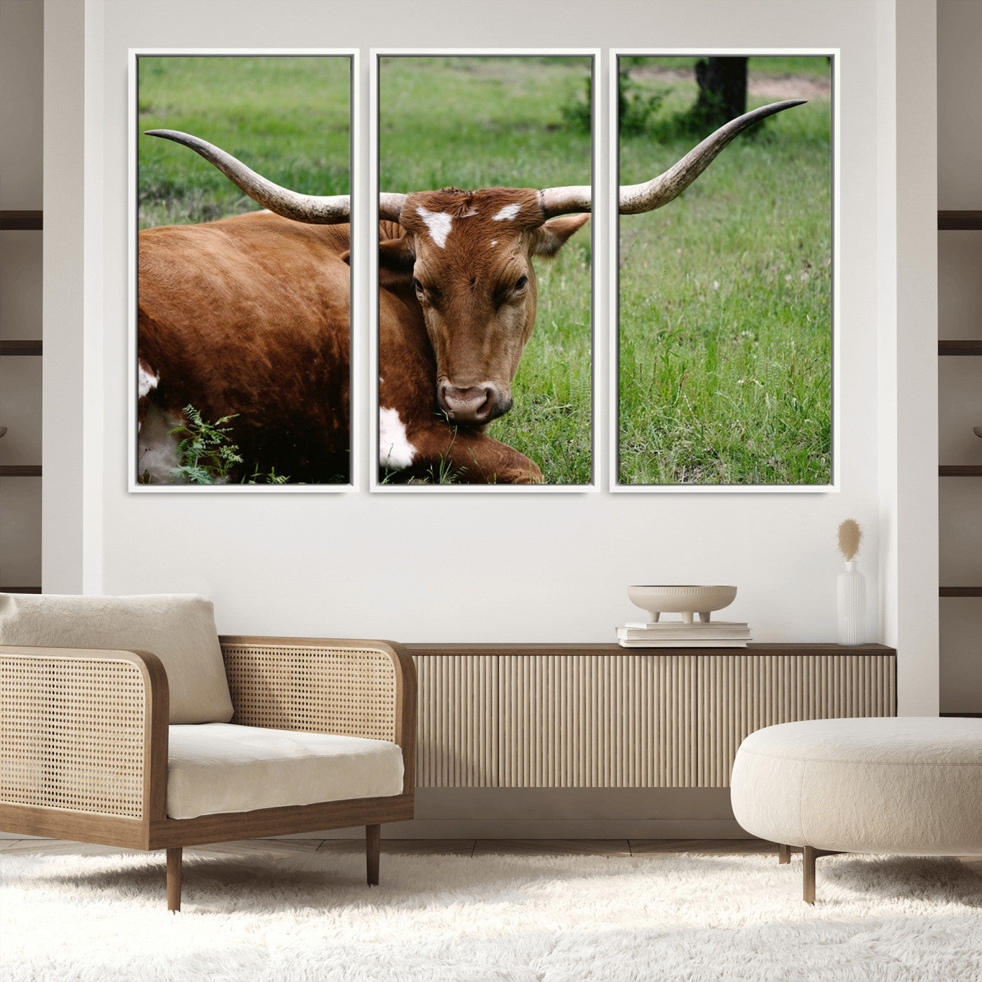 45997-MGV-FC-48X32-3P_White-Longhorn Steer Canvas Wall Art – Rustic Nature Triptych Decor for Living Room or Office – Ready to Hang