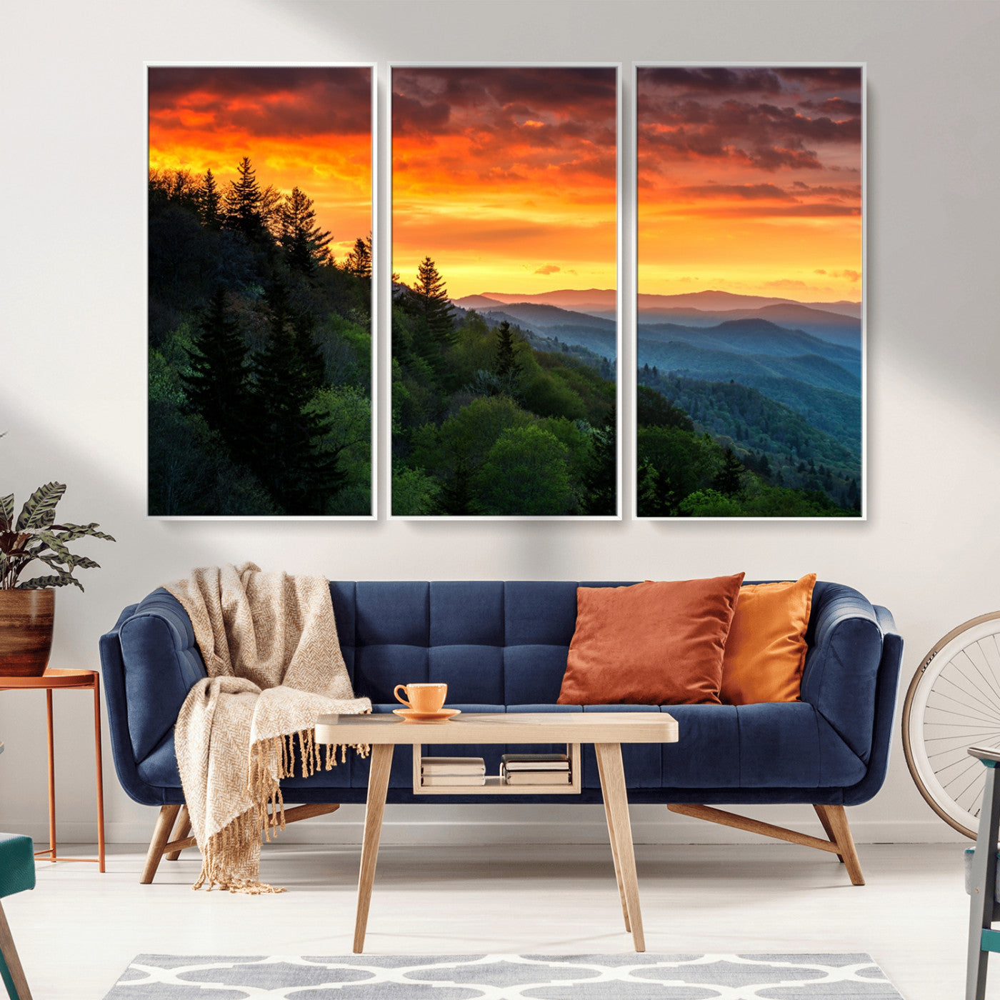 MGV-FC-48X32-3P - Great Smoky Mountains Sunset Wall Art Canvas Print | 3 Panel Large Nature Landscape Photography for