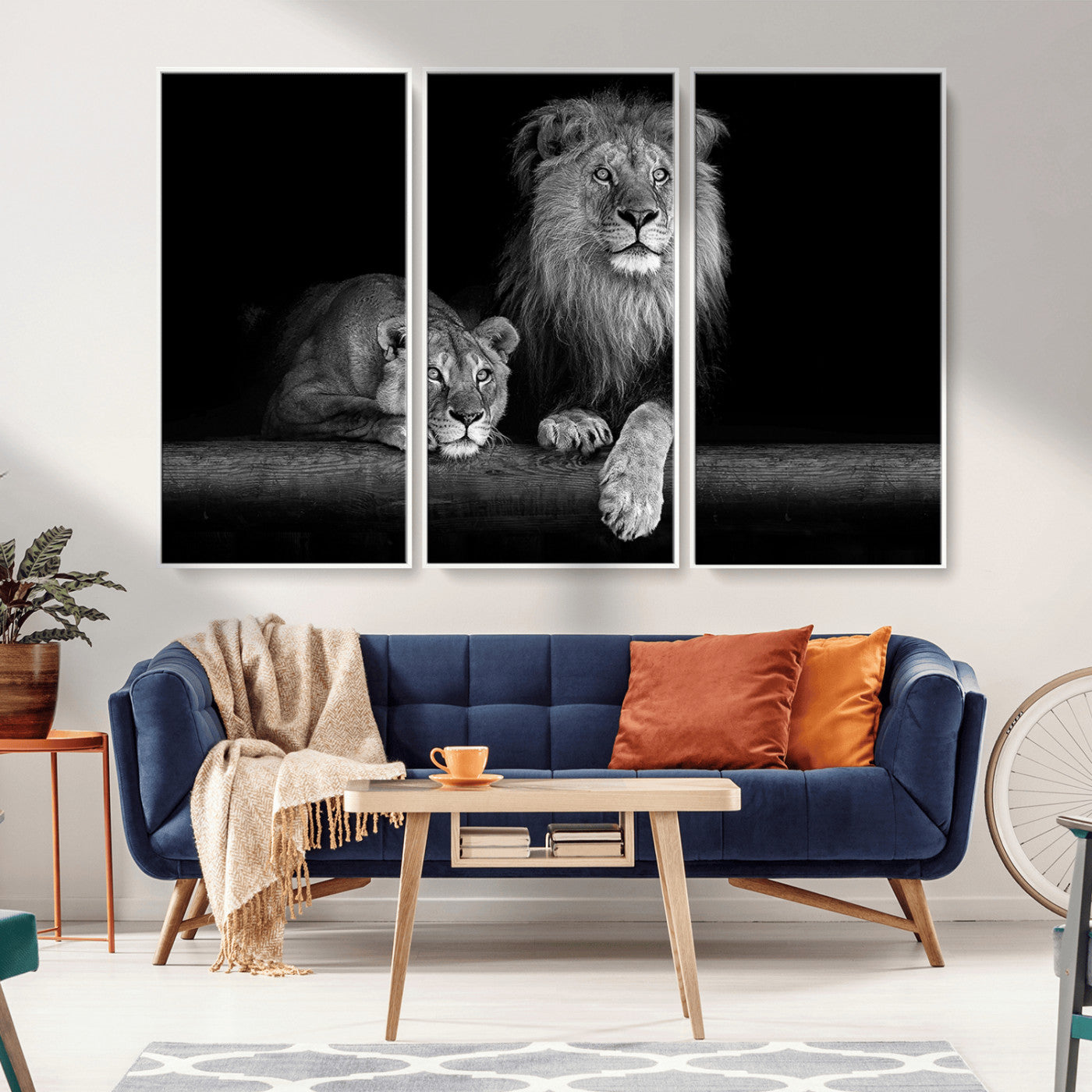 MGV-FC-48X32-3P - Large Black and White Lion Couple Wall Art Canvas Print