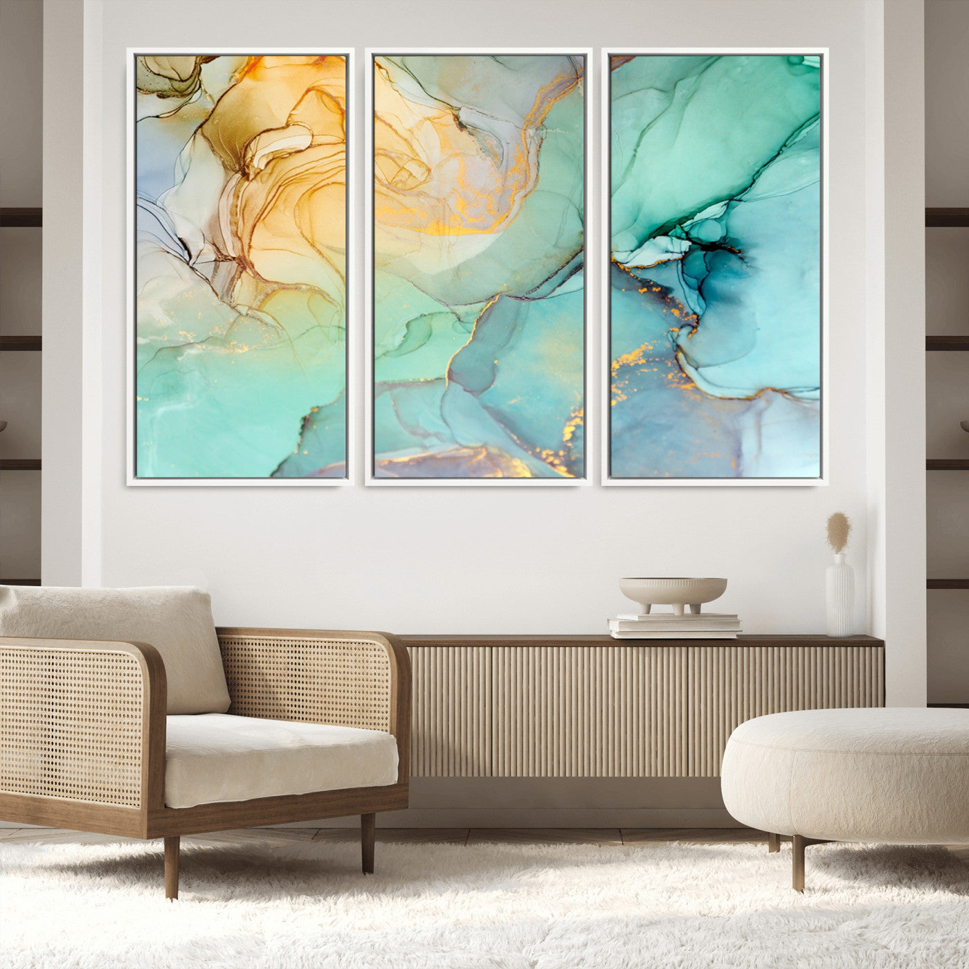 47242-MGV-FC-48X32-3P_White-Green Marble Fluid Effect Wall Art Abstract Canvas Wall Art Print