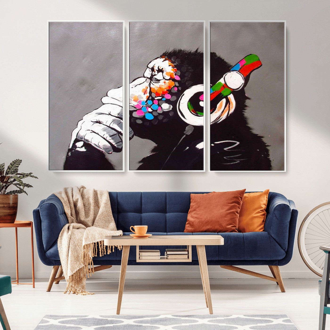 MGV-FC-48X32-3P - Dj Monkey Listening to Music Wall Art Print | Banksy Monkey Large Canvas Print for Living Room,