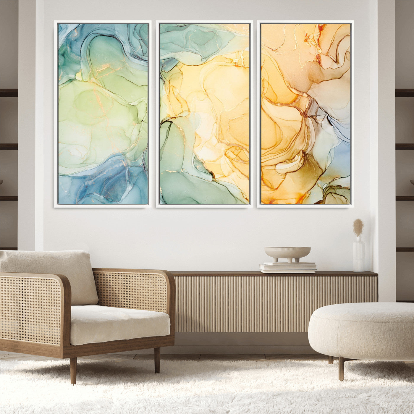 42195-MGV-FC-60X40-3P_White-Green and Yellow Marble Fluid Effect Wall Art, Green and Yellow Marble Canvas Wall Art Print