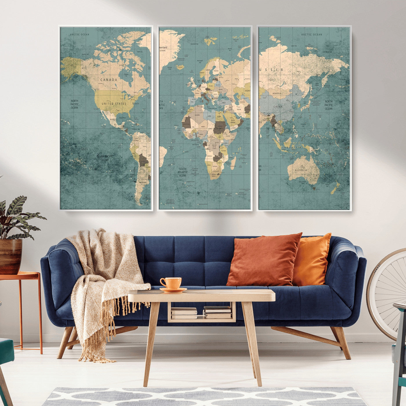 MGV-FC-48X32-3P - Classic World Map Wall Art Canvas Print, Framed Retro Map Art Picture Print, Vintage Atlas Perfect Rustic Explorer Decor Artwork