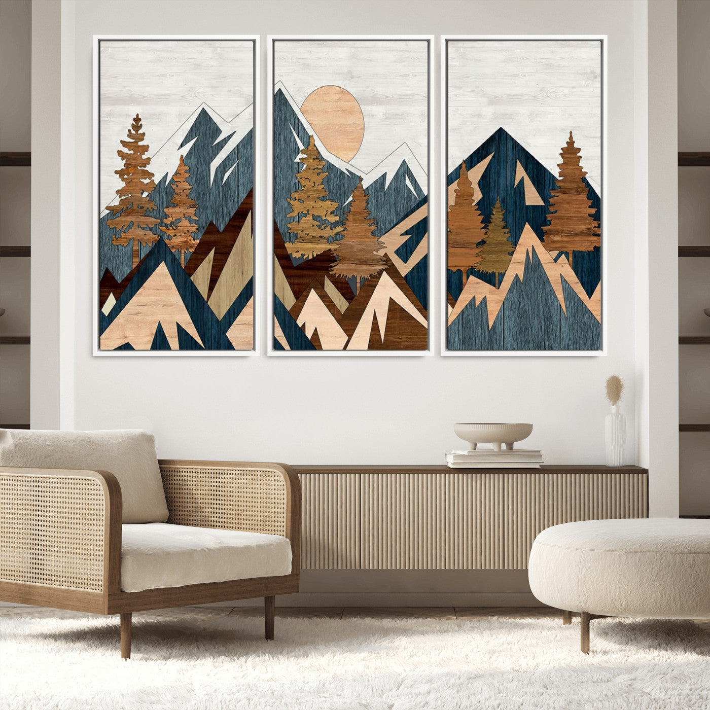 91467-MGV-FC-60X40-3P_White-Abstract Wood Panel Effect Mountain Range Top Wall Art Canvas Print