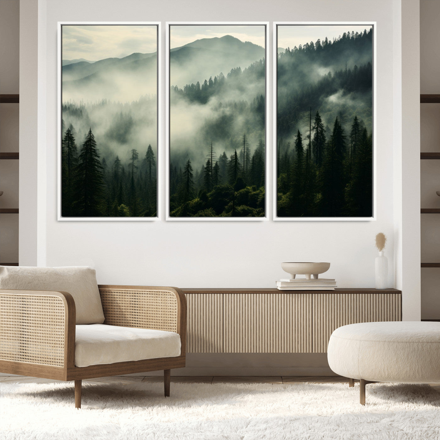 25295-MGV-FC-60X40-3P_White-Captivating Misty Forest Wall Art Premium Canvas Print a Foggy and Serene Atmosphere