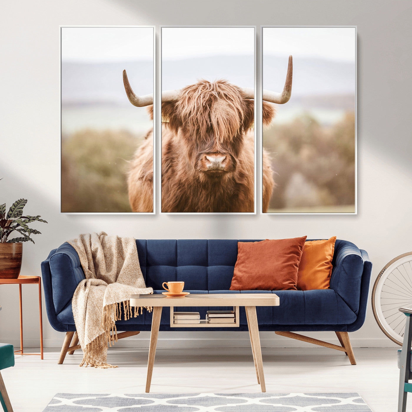 MGV-FC-48X32-3P - Scottish Serene Highland Cow Canvas Wall Art – Serene Highland Cow in Natural Pastel Tones – Ready