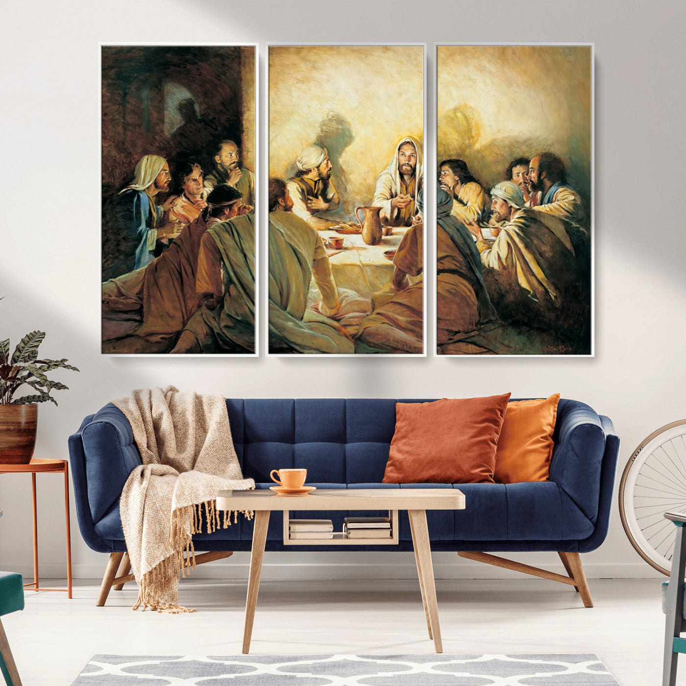 Framed canvas print of the Last Supper, depicting Jesus and his disciples, perfect for religious or Christian-themed home decor.