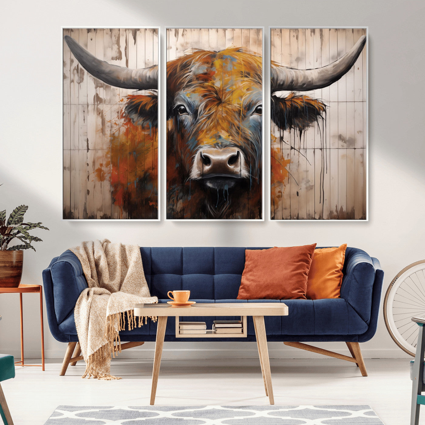 MGV-FC-48X32-3P - Abstract Bull Highland Cow Canvas Wall Art Print – Vibrant Rustic Charm in Modern Farmhouse Decor –