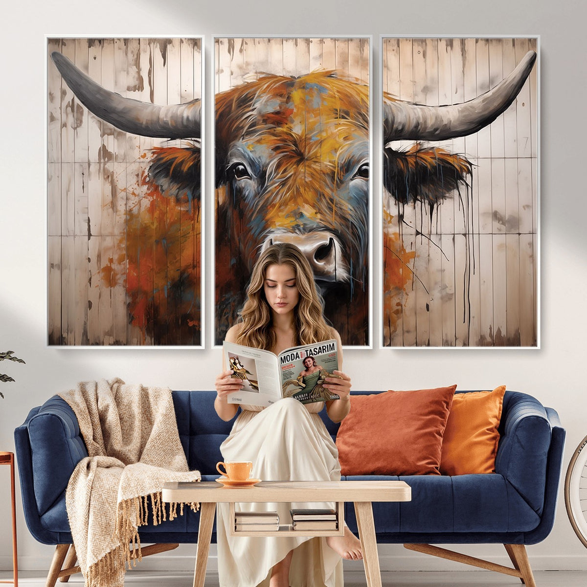 47284-MGV-CV-24X16 - Abstract Bull Highland Cow Canvas Wall Art Print