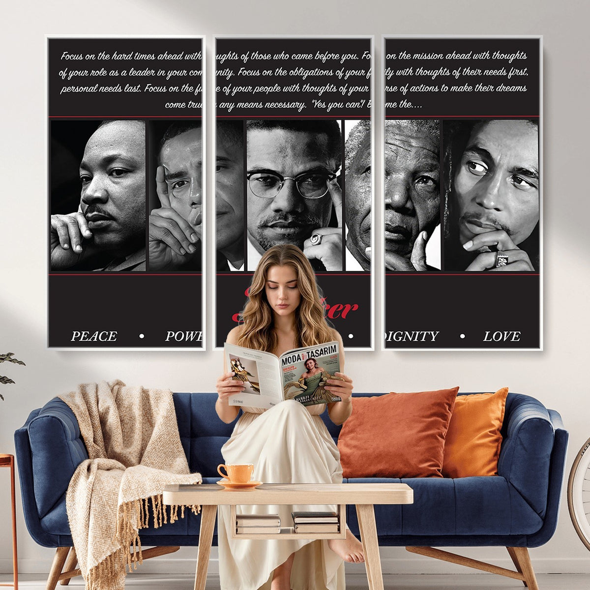 45112-MGV-CV-24X16 - Thinker Quintet Canvas Wall Art | Martin, Obama, Malcolm X, Mandela, Marley, Peace Power Respect Dignity Love