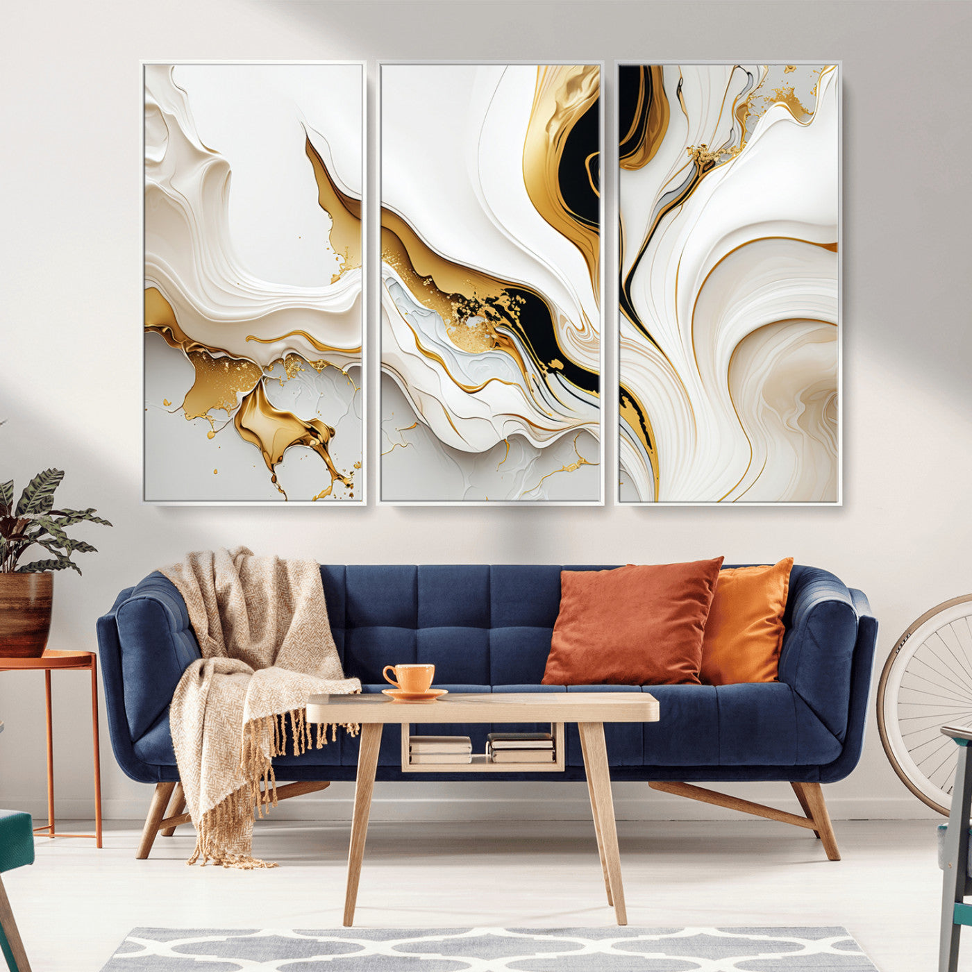 -Gold Waves on Pure White Canvas – Gold Abstract Art for Modern Interiors | Wall Art Canvas, Framed &