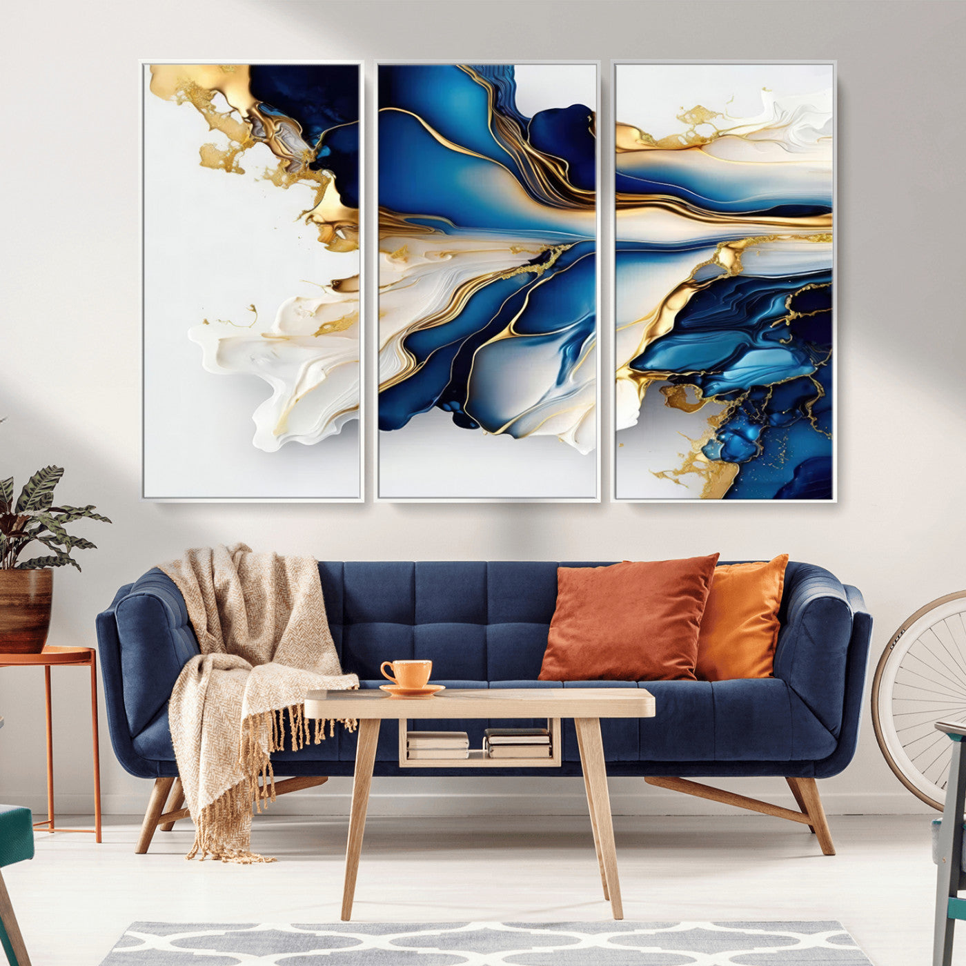 MGV-FC-48X32-3P - Gold Marble Art - Abstract Geode Gold And Blue Marble Shape 3 Pieces Wall Art Canvas Print