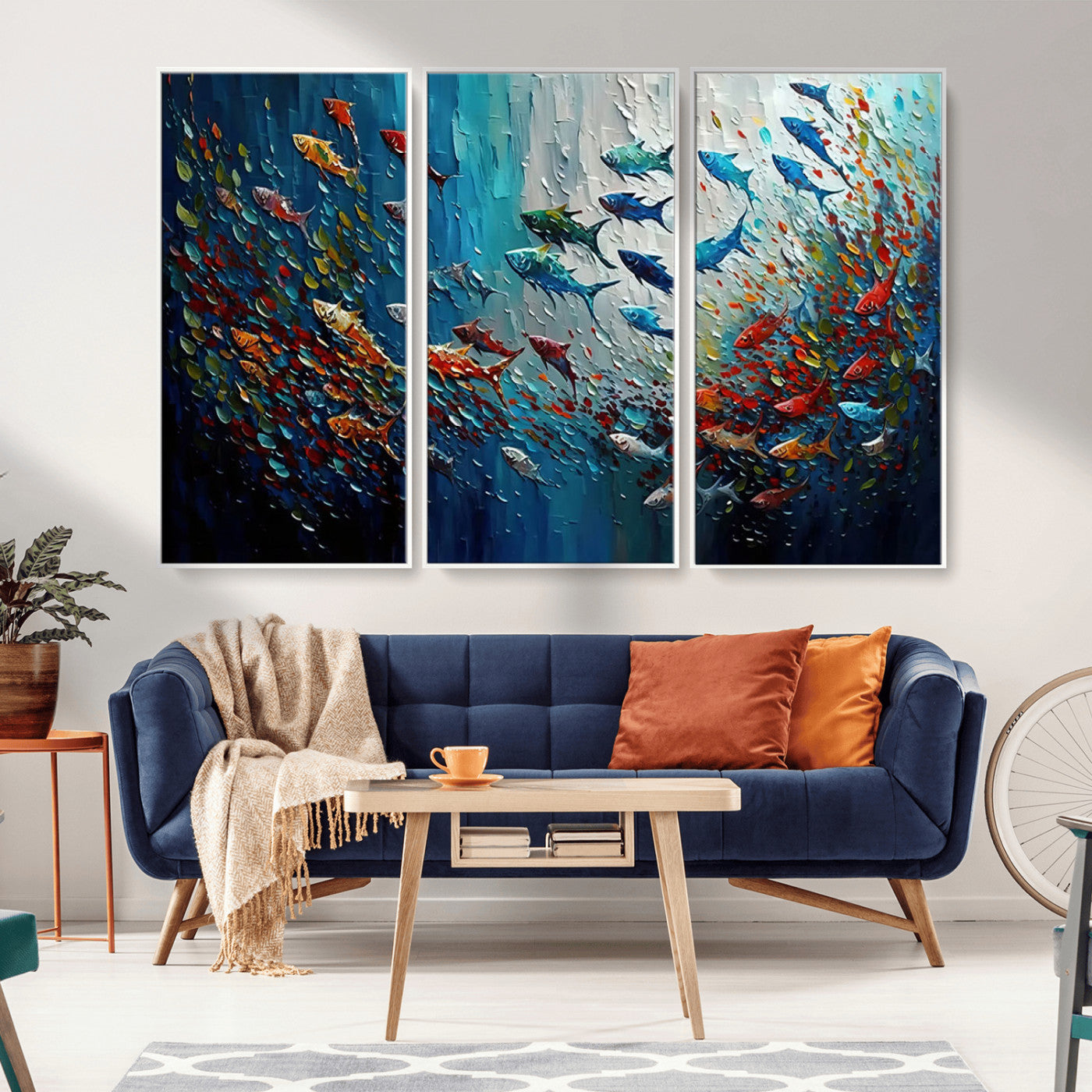 MGV-FC-48X32-3P - Modern Abstract Fish Shoal Wall Art Canvas Print, Colorful Fish Herd Painting on Canvas Print, Ocean