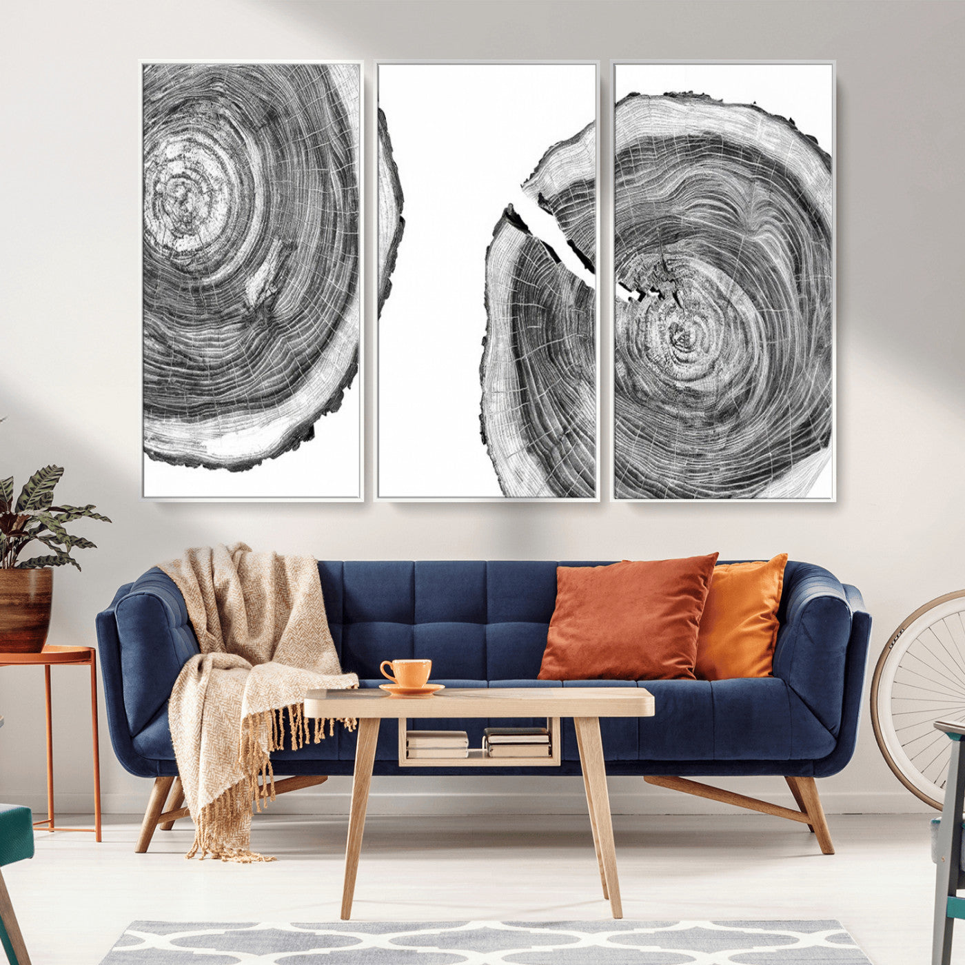 MGV-FC-48X32-3P - Modern Black and White Tree Rings Canvas Wall Art – Nature Inspired Wood Slice Print – Minimalist