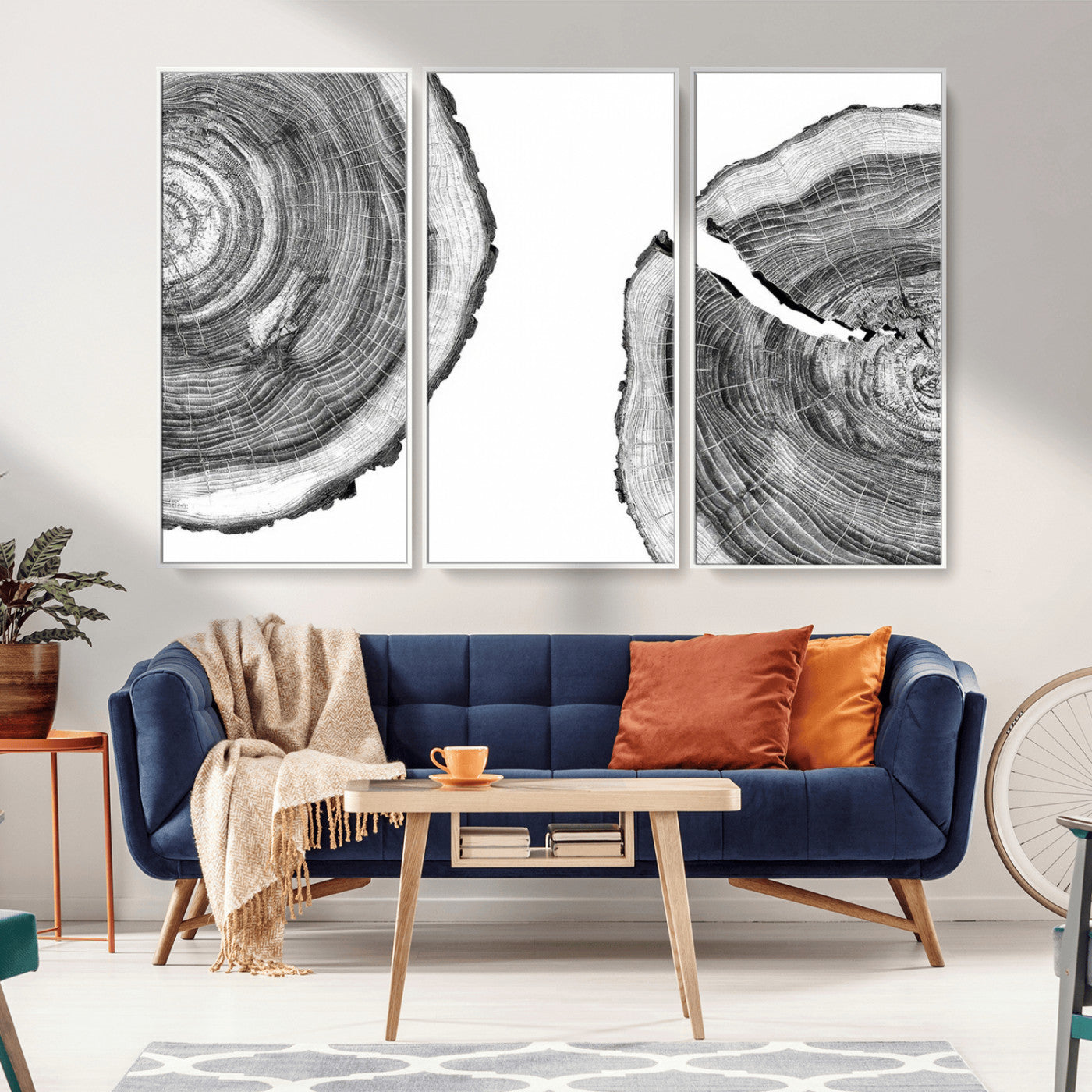 MGV-FC-48X32-3P - Abstract Large Tree Rings – Minimalist Black and White Wood Art | Triptych Canvas, Modern Wall Decor