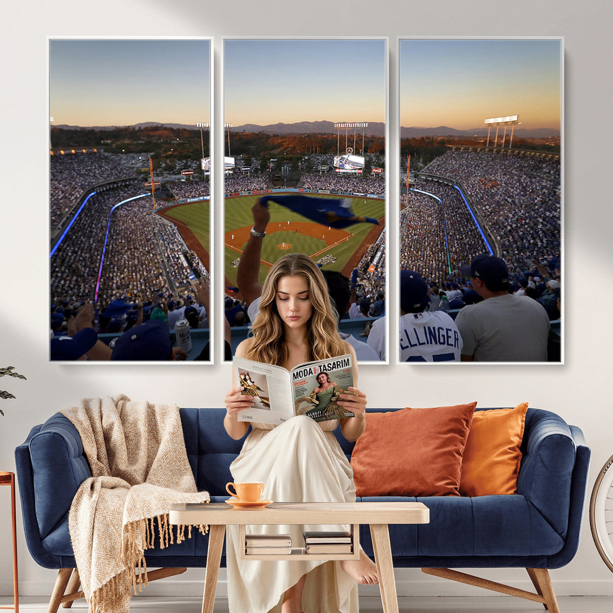 60162-MGV-CV-36X24 - Dodger Stadium Sunset Game Triple Canvas Wall Art, Los Angeles Dodgers MLB Match