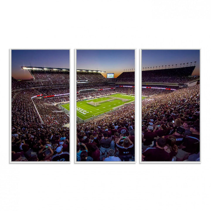 A vibrant canvas print of Texas A&M Aggies at College Stations Kyle Field Stadium captures the energy of fans cheering as the band marches at sunset.