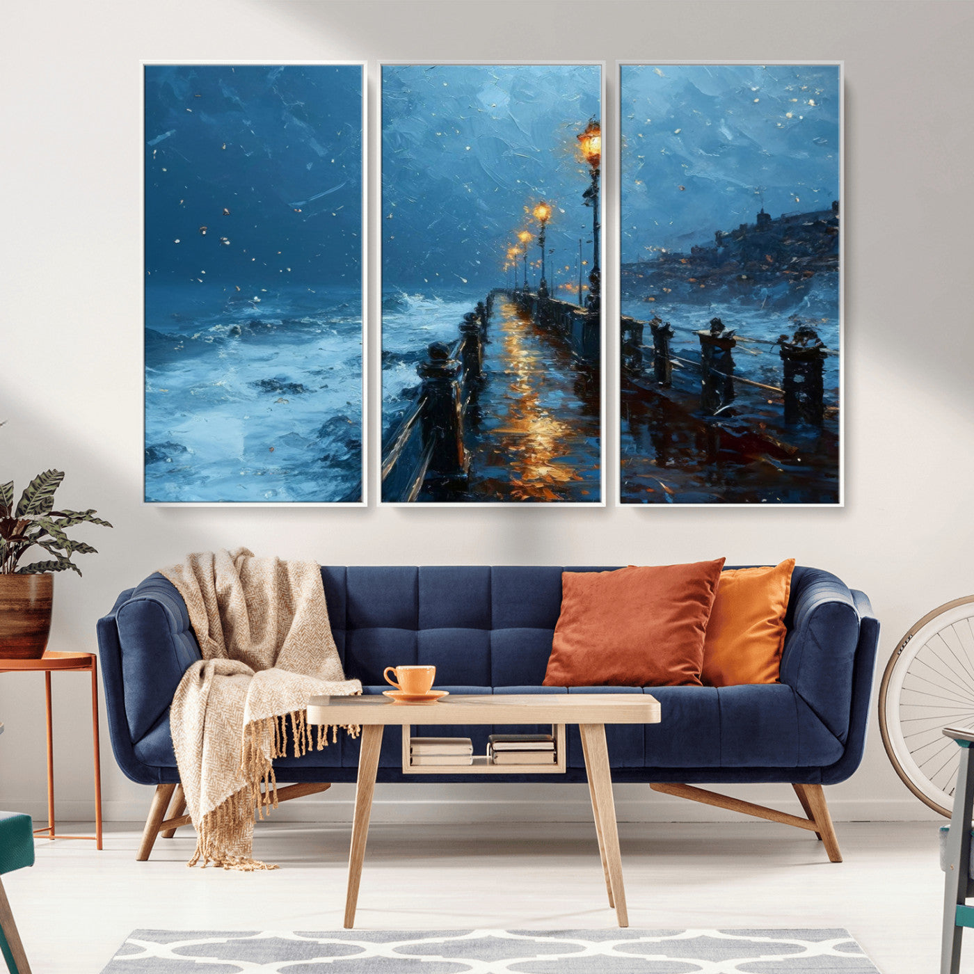 MGV-FC-48X32-3P - Stormy Night at Beach Pier Oil Painting Large Wall Art Print, Framed Canvas Nature Wall Decor,