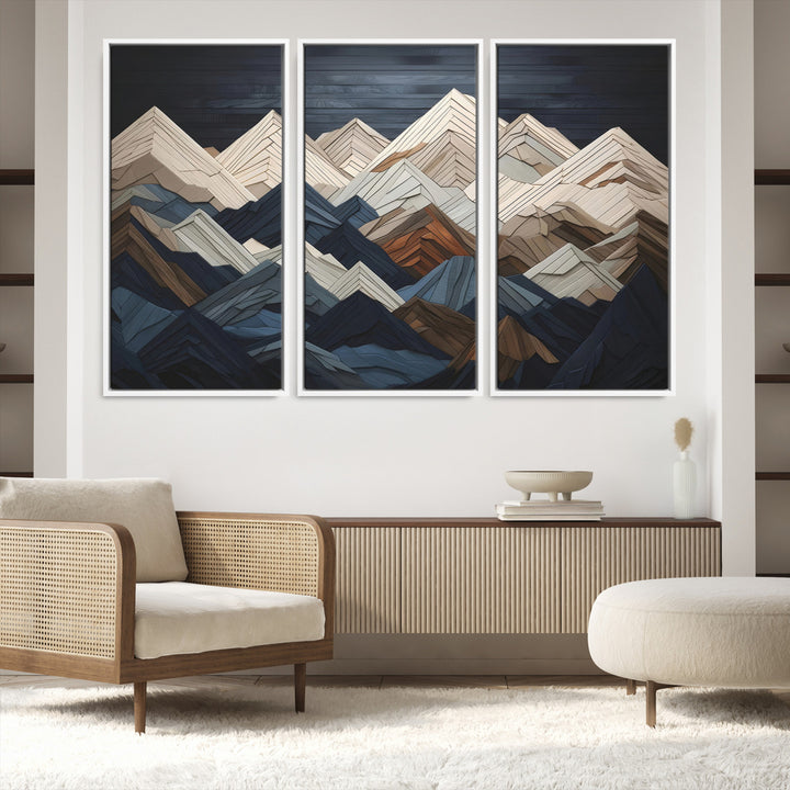 Rustic Mountain Landscape Wall Art Print - Wooden 3D Effect Mountain Canvas Print - Textured Peaks Wall Art for Cabin or Lodge Decor