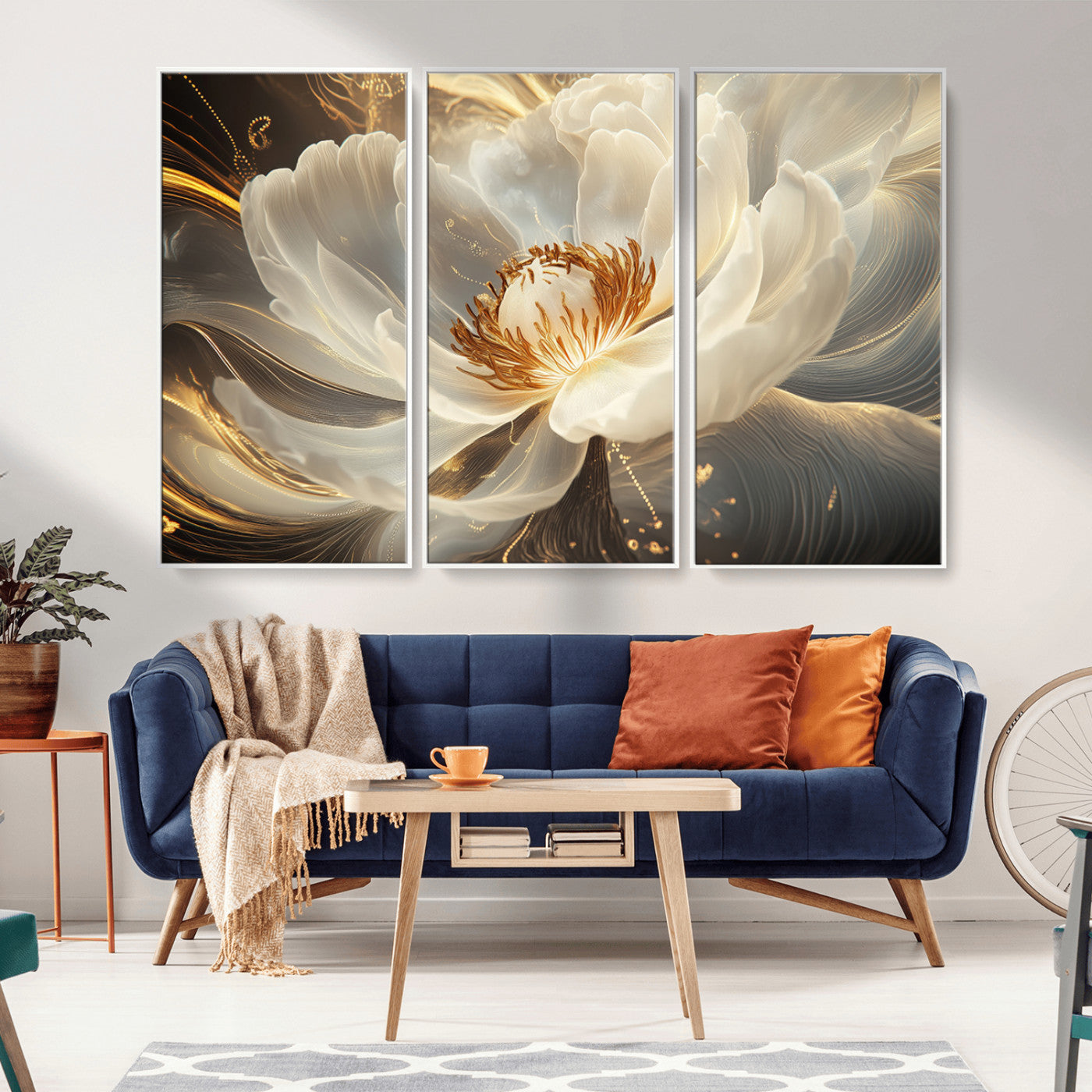MGV-FC-48X32-3P - Gold Floral Wall Art Canvas Print, Framed Modern Flower Art Print, Golden Abstract Perfect for