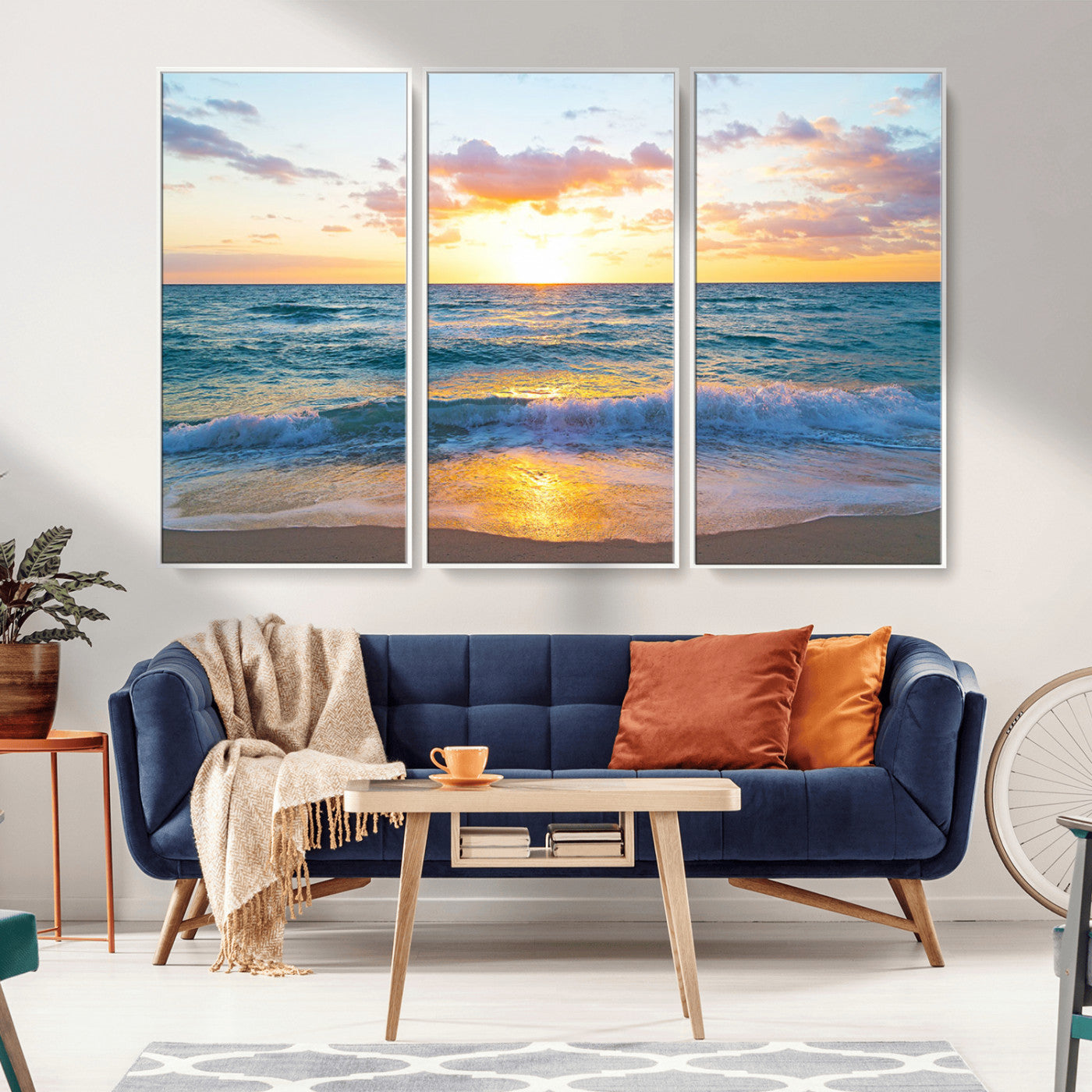 MGV-FC-48X32-3P - Golden Sunset Over Ocean Waves - Serene Coastal Triptych Wall Art for Relaxing Home Decor, Ready to