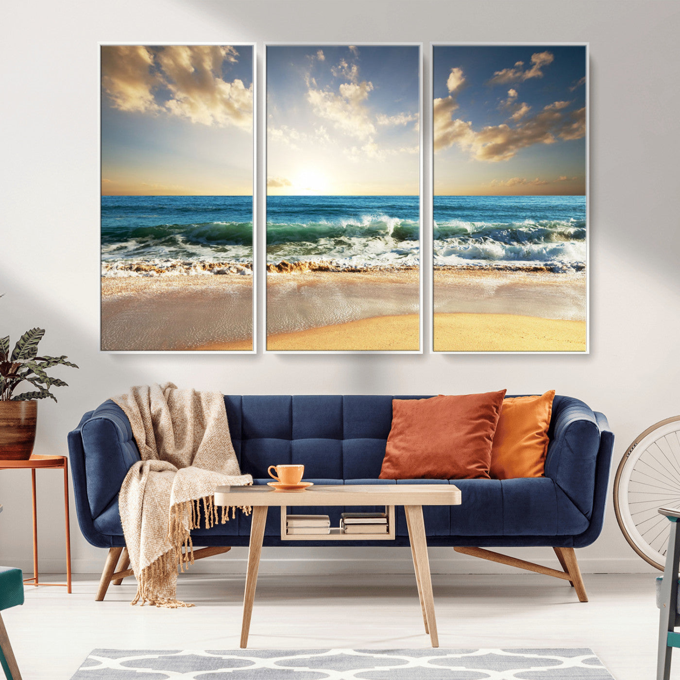 MGV-FC-48X32-3P - Golden Sunset Beach Triptych Canvas Wall Art for Living Room – 3-Panel Ocean View, Framed & Ready to