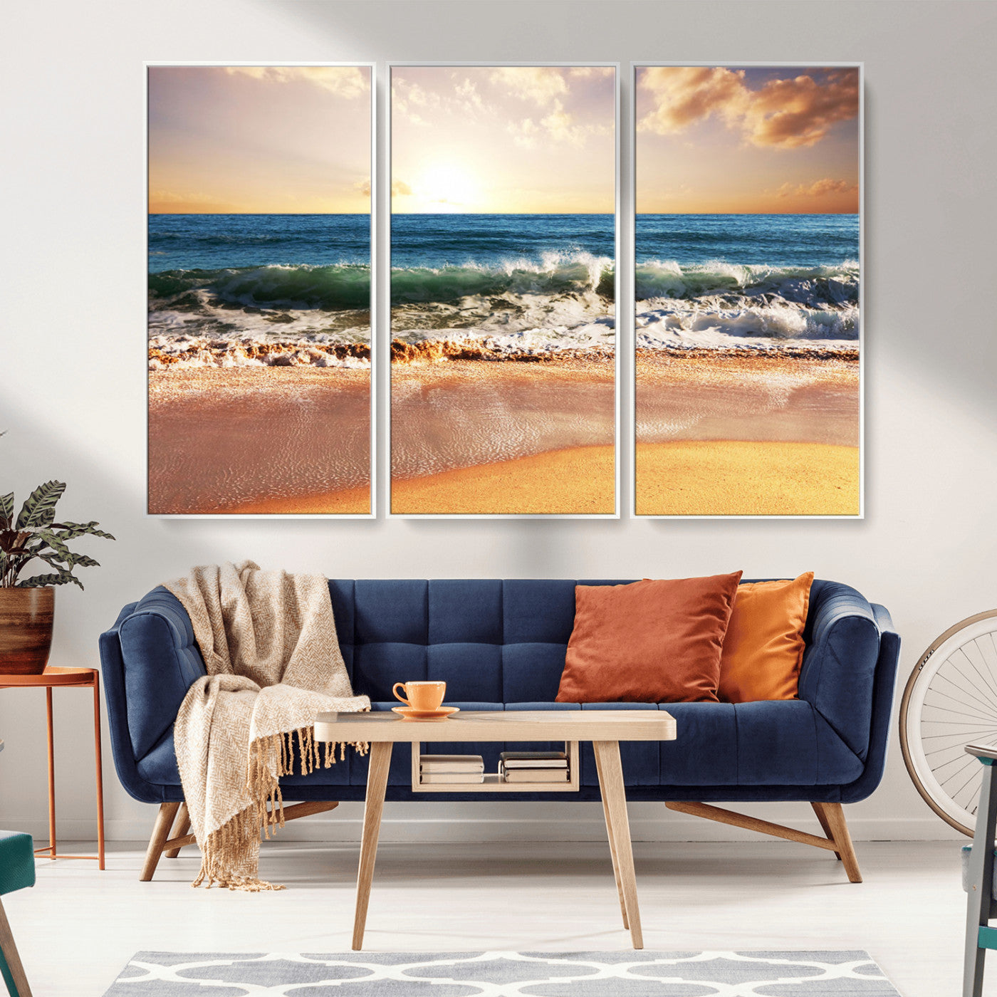 MGV-FC-48X32-3P - Sunset Beach Wall Art - 3-Panel Framed Canvas Print, Ready to Hang Ocean Sunset for Coastal and