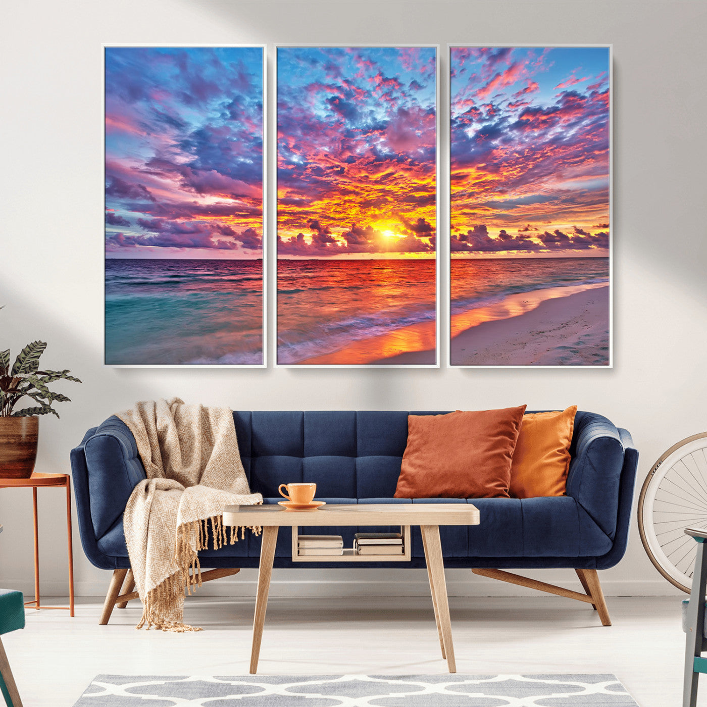 MGV-FC-48X32-3P - Vibrant Sunset Beach Wall Art - Ocean Sunset Canvas Print | Coastal Wall Art Decor Stunning Sunset