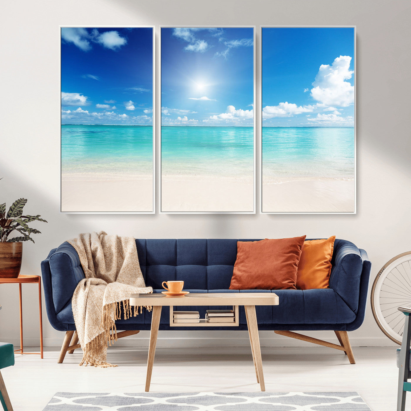 MGV-FC-48X32-3P - Blue Ocean Wall Art Canvas Print - Tranquil Ocean Paradise Triptych Wall Art - Ready to Hang Beach