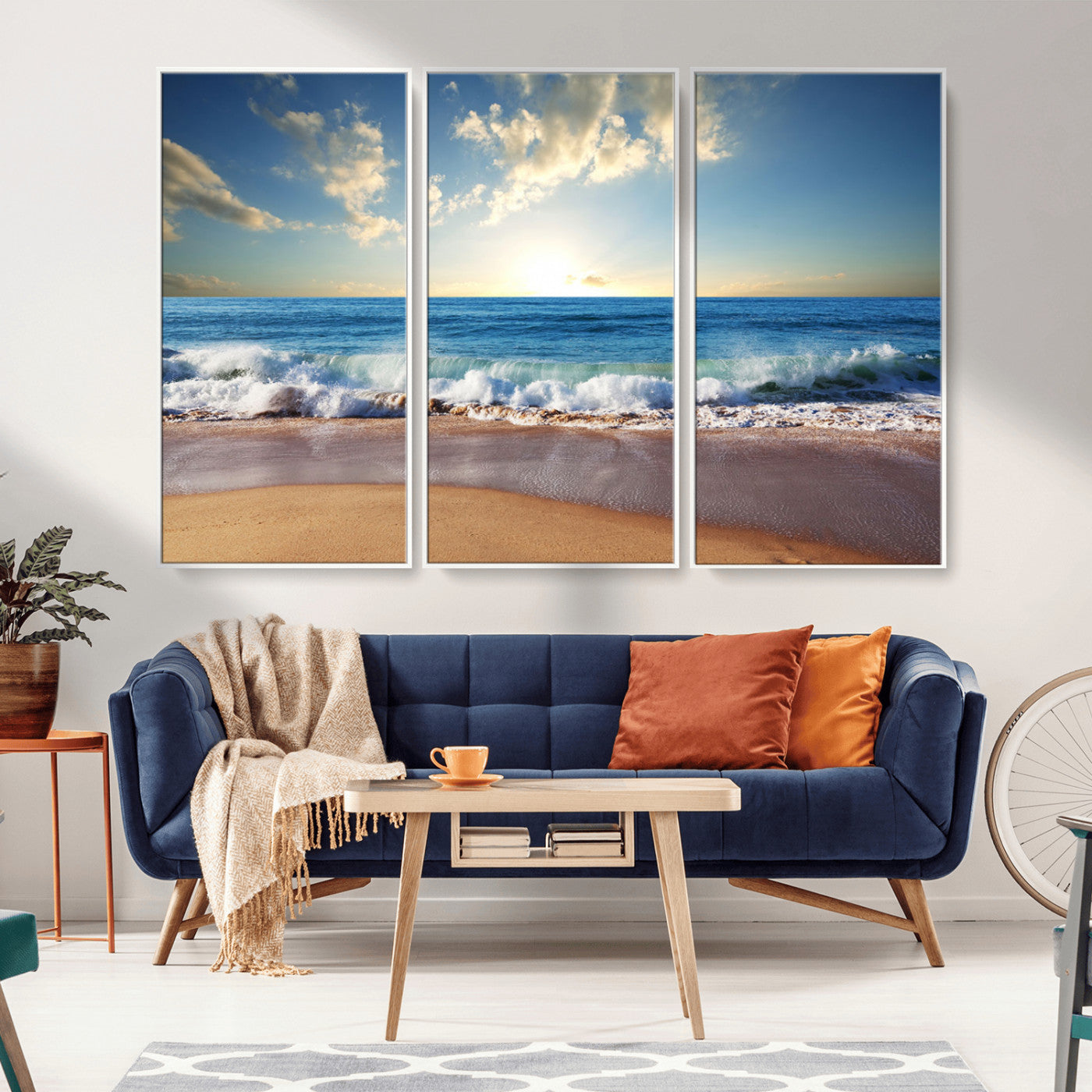 MGV-FC-48X32-3P - Serene Ocean Sunset Canvas Wall Art - Beach Waves at Sunset, Ready to Hang