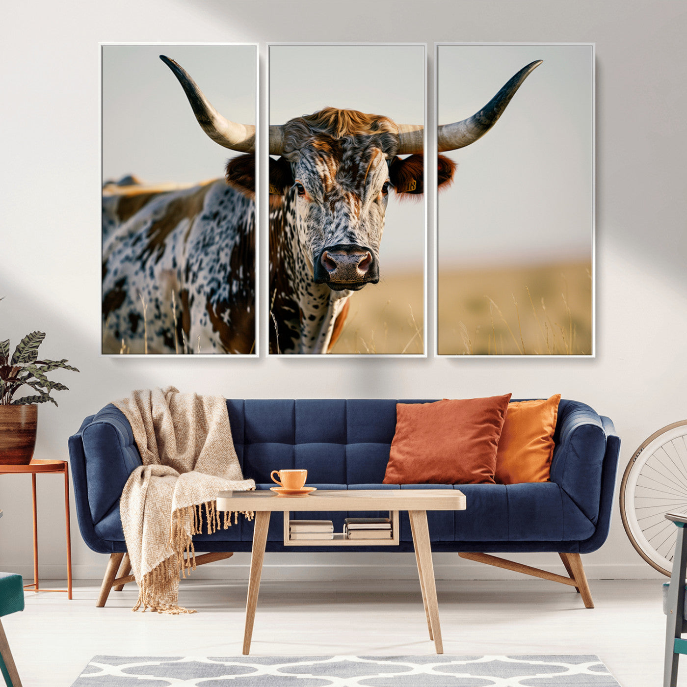MGV-FC-48X32-3P - Texas Bull Longhorn Wall Art Canvas Print for Farm House Wall Decor, Farmhouse Wall Art Print