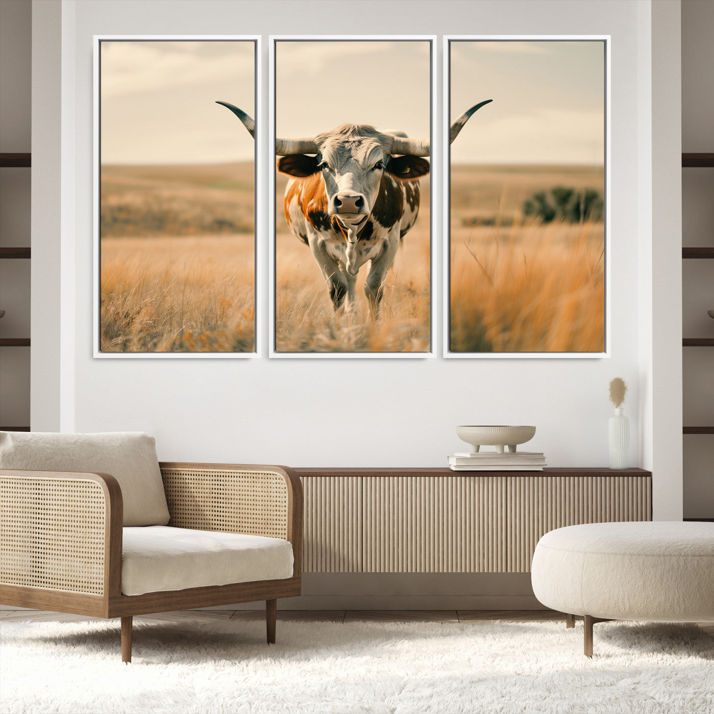 16580-MGV-FC-48X32-3P_White-Texas Cow Wall Art Canvas Print for Farm House Wall Decor, Farmhouse Wall Art Print