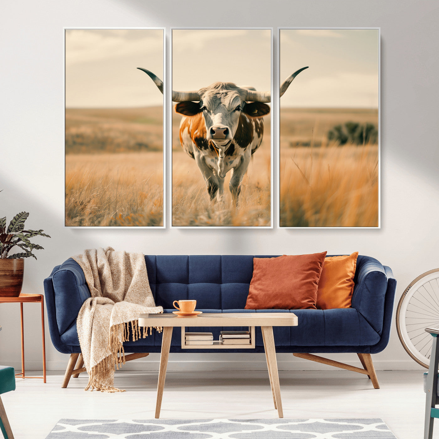 MGV-FC-48X32-3P - Texas Cow Wall Art Canvas Print for Farm House Wall Decor, Farmhouse Wall Art Print
